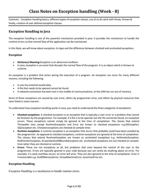 Class notes(week 8) on exception handling | PDF