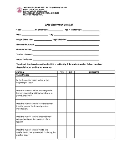 Class observation checklist (Class stages)