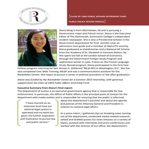 Named Internship Profile Summary - Diana Ming (Class of 1964)
