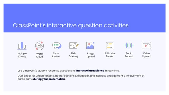 visual comparison chart showing all eight ClassPoint question types with example screenshots