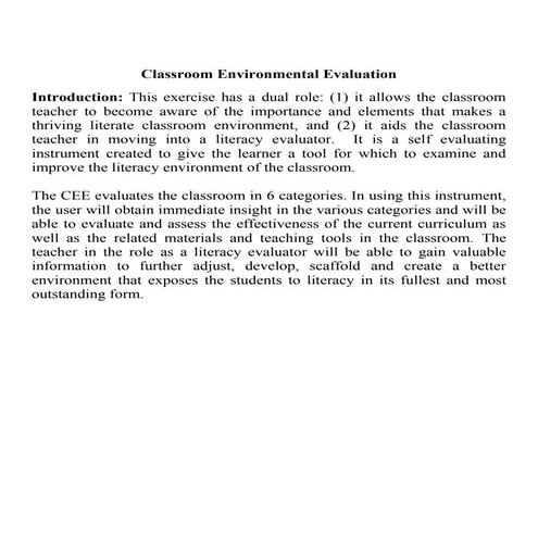 Summer 2011 Classroom Environmental Evaluation