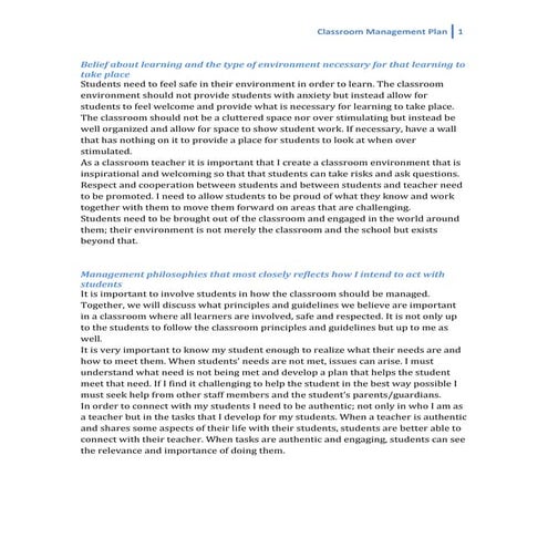 Classroom Management Plan