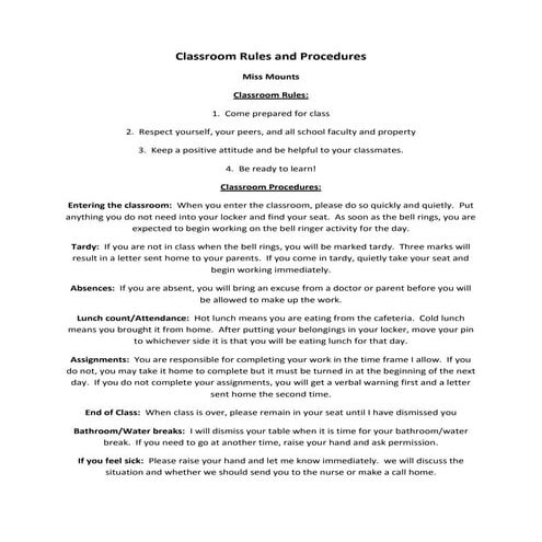 Classroom rules and procedures