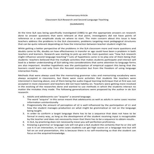 Classroom sla research and second language teaching (summary)