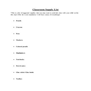 Classroom Supply List