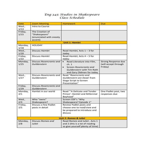 Eng 345 Class Schedule