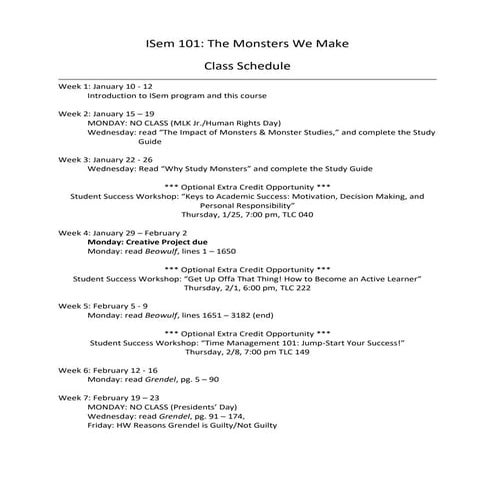 ISem 101 Class Schedule for Bblearn