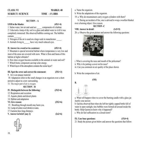 Comprehensive Science Exam for Class VI: Habitat, Air, and Adaptations ...