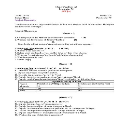 Model Questions Set - Economics XI (Three Set of Questions)