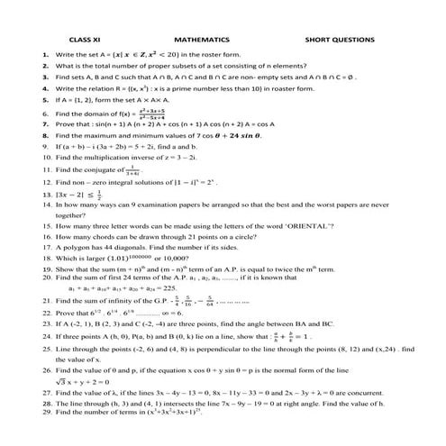 Class xi mathematics  short questions