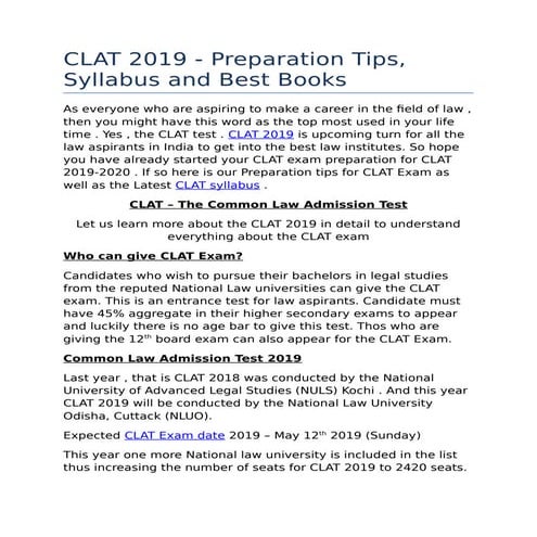 CLAT 2019 Exam Details | PDF