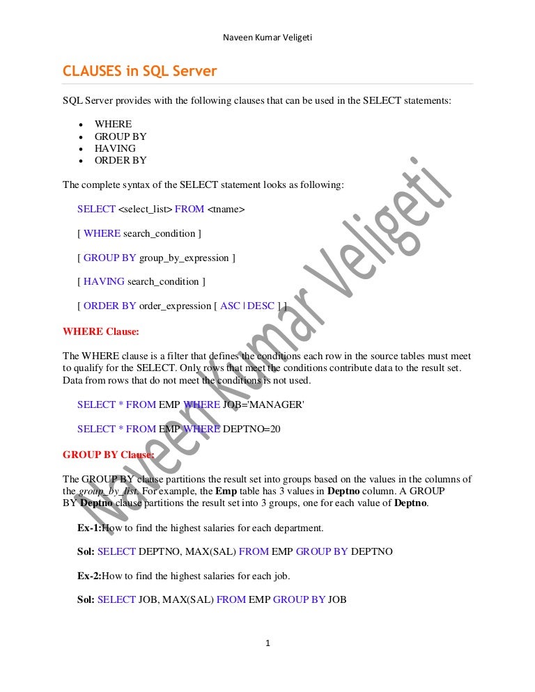 Clauses in sql server
