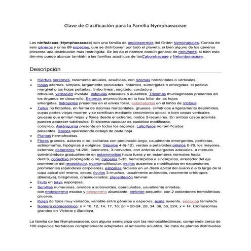 Clave de clasificación para la familia nymphaeaceae