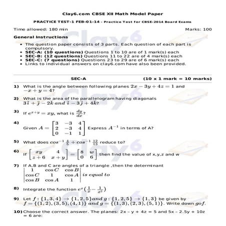 cbse class 12 math question paper