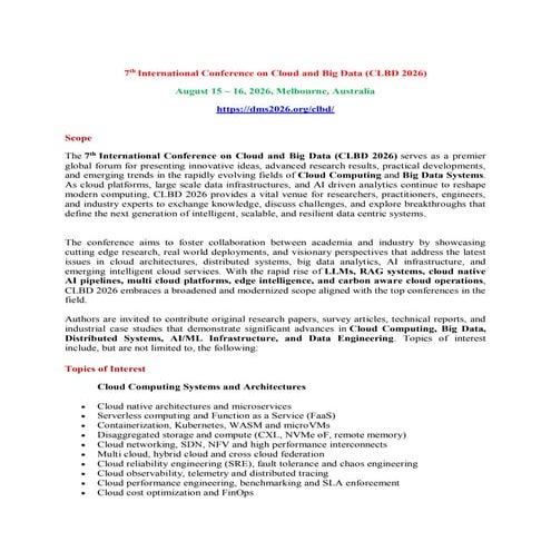 7th International Conference on Cloud and Big Data (CLBD 2026) | PDF