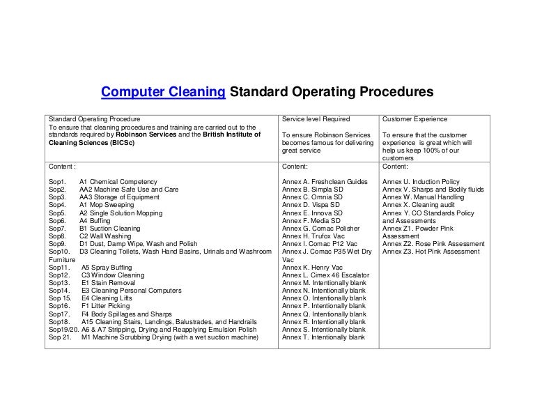 Cleaning standardoperatingprocedures