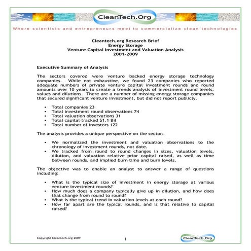 Cleantech.org Energy Storage Venture Investment Analysis