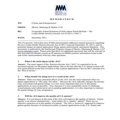 Client Advisory  FAQ - AIA Patent Reform - 2011