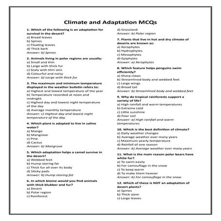 Climate and Adaptation MCQs class 7 from chatgpt