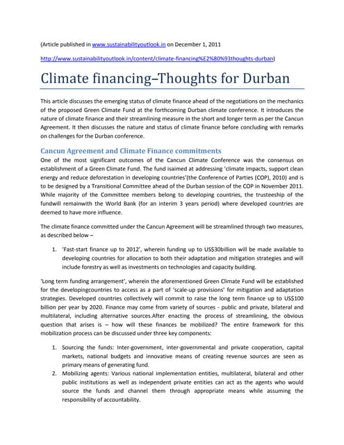 Climate financing   thoughts for durban
