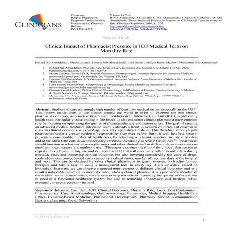 Clinical impact of pharmacist presence in icu medical team on mortality rate ...