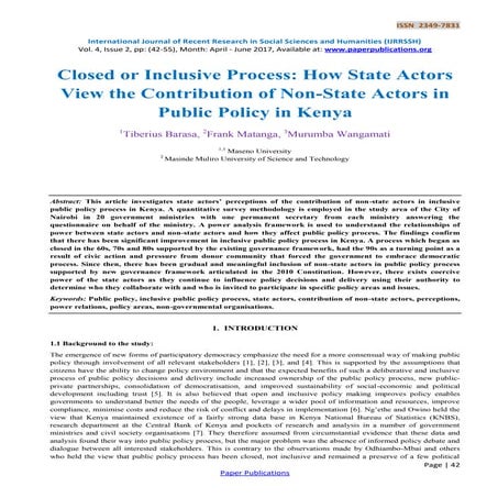 Closed or Inclusive Process: How State Actors View the Contribution of Non-State Actors in Public Policy in Kenya