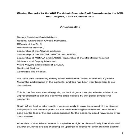 Closing remarks by ANC president Cyril Ramaphosa October 2020 final