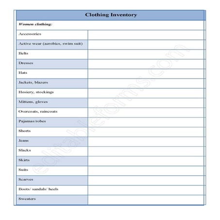 Clothing Inventory Fillable PDF Template | PDF