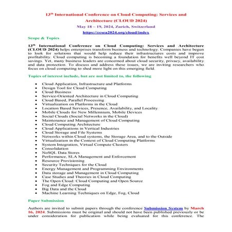 Call for Research Articles - 13th International Conference on Cloud Computing...