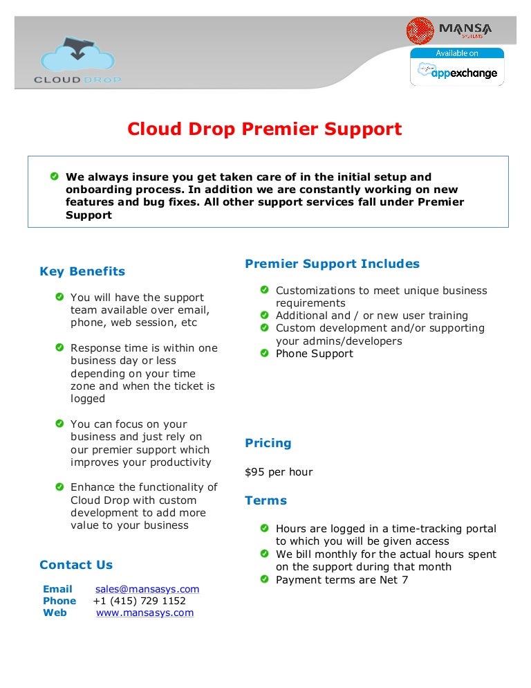 Cloud Drop premier support datasheet