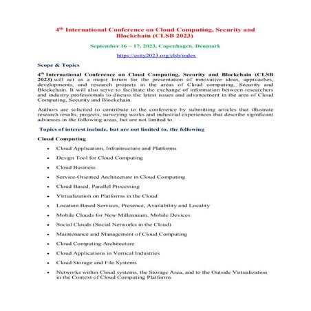 4 th International Conference on Cloud Computing, Security and Blockchain (CL...