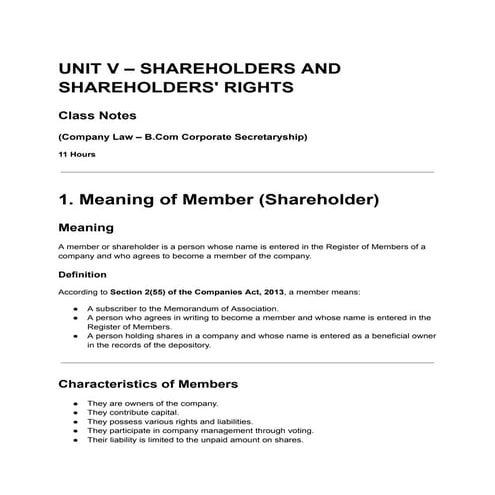 Comprehensive Guide to Shareholders and Their Rights in Company Law | PDF