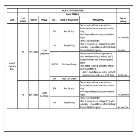 schdeule for the club activity for grade 7