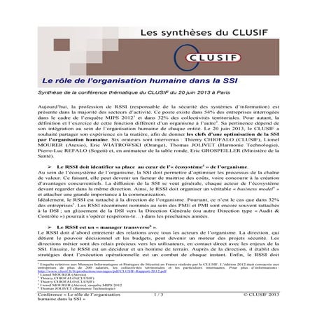 Clusif le role de l'organisation humaine dans la ssi 2013