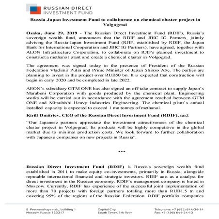 Russia-Japan Investment Fund to collaborate on chemical cluster project in Volgograd