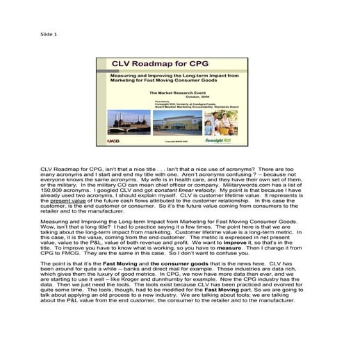 Clv For Cpg Script The Market Research Event October 20 2009