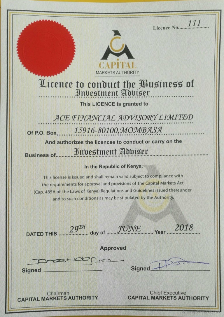 Ace Financial Advisory Limited issued Investment Advisor Licence