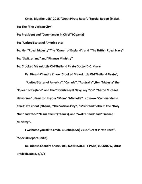 Cmdr. bluefin (usn) 2015 “great pirate race”, “special report (india).