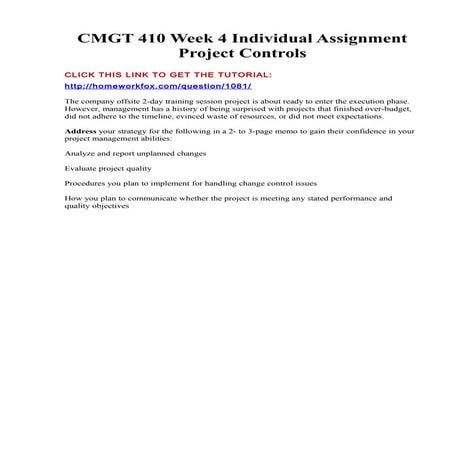 Cmgt 410 week 4 individual assignment project controls