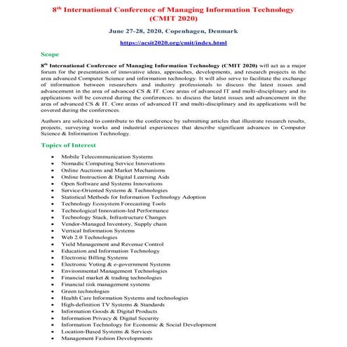 8th International Conference of Managing Information Technology (CMIT 2020)