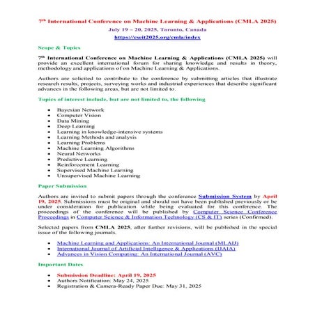 Submit Your Research Articles - 7th International Conference on Machine Learning & Applications (CMLA 2025)