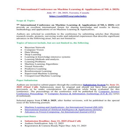 7th International Conference on Machine Learning & Applications (CMLA ...