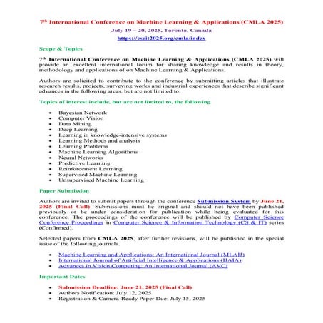 7th International Conference on Machine Learning & Applications (CMLA 2025)