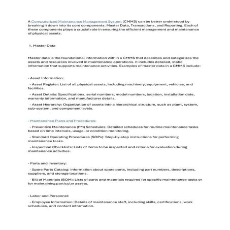 COMPUTERIZED MAINTENANCE MANAGEMENT SOFTWARE CMMS as Master Data, Transctions...