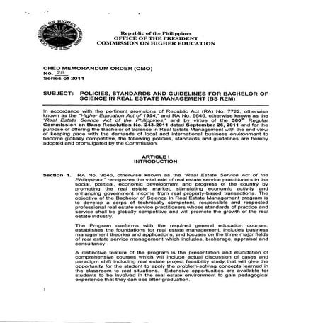 CMO 28: Policies, Standards and Guidelines for Bachelor of Science in Real Estate Management (BS REM) 