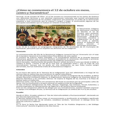 Cómo se conmemora el 12 de octubre en meso,centro y suramerica | PDF