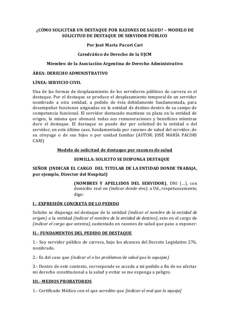 Como Solicitar Un Destaque Por Razones De Salud Modelo De Solicitud