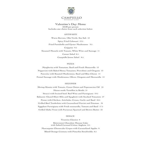 Campiello Valentine's Day Menu