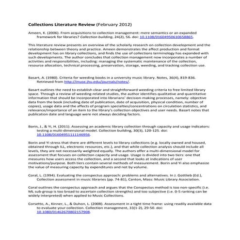 Collections Management & Planning Pilot Project: Literature Review (draft)