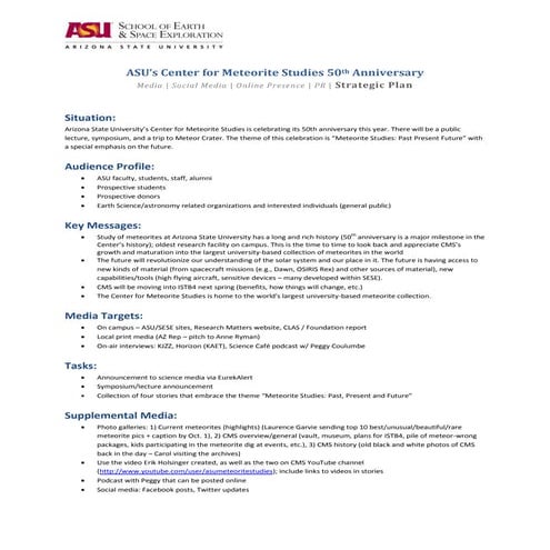 ASU's Center for Meteorite Studies - 50th Anniversary (MEDIA PLAN)